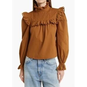 Stellah Eyelet Trim Mock Neck Cotton Blouse Caramel Sz L Peasant Prairie